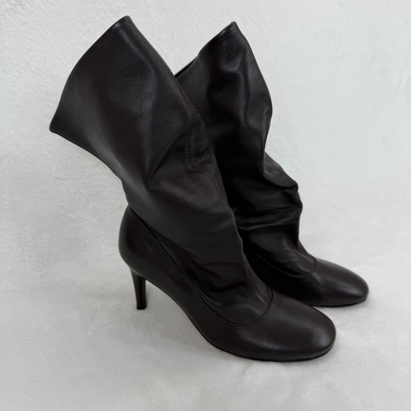 Bibi Lou Brown Leather Slouch Mid Calf Heel Boots Women's Size 36 Us 6
